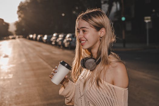 Young woman with headphones and coffee cup smiling on city street during sunset.
