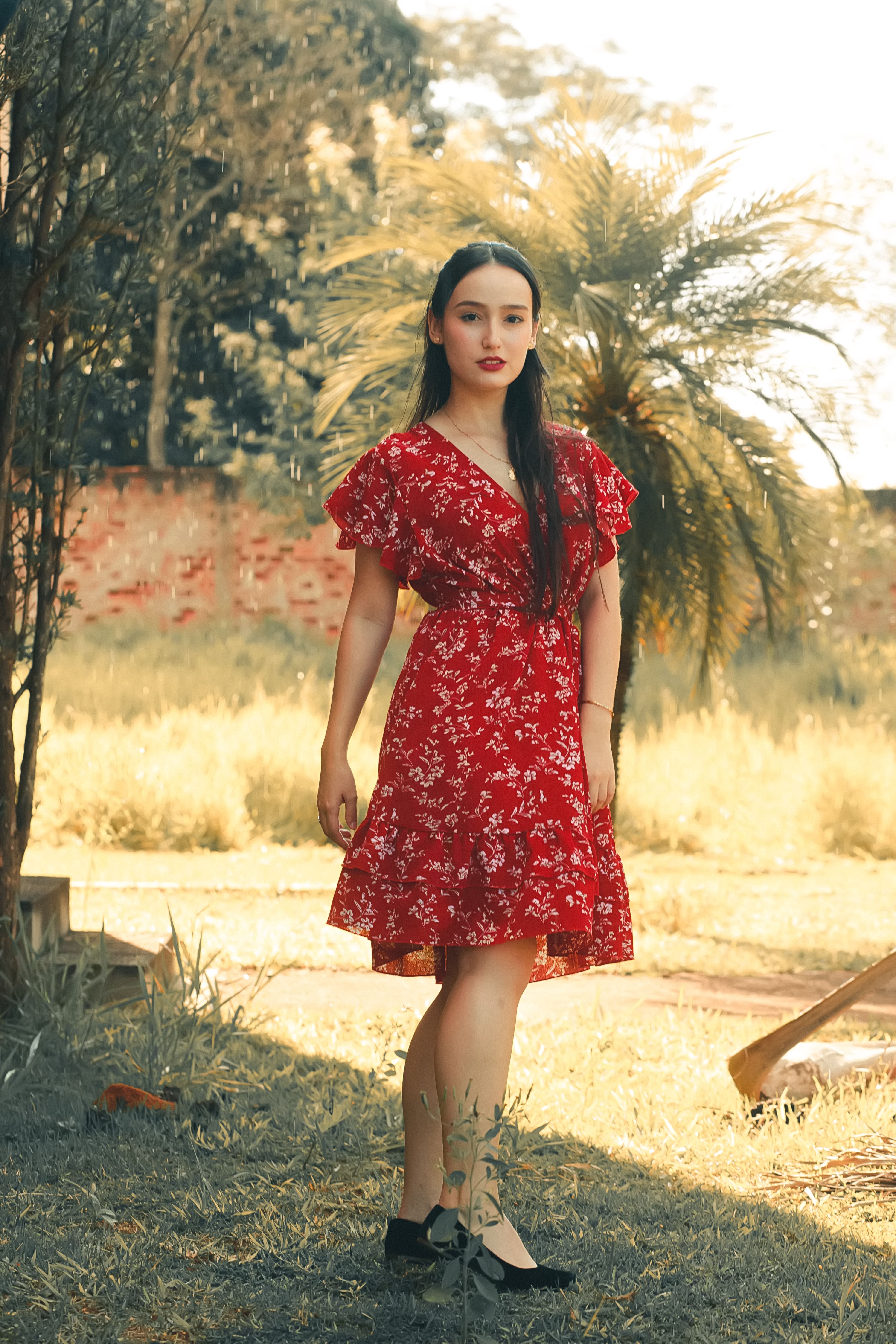 Woman Posing in Floral Red Dress  Free Stock Photo