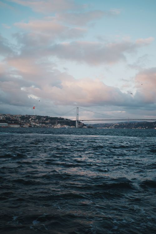 Free Panoramic view of the Bosphorus Bridge in Istanbul during sunset over the strait waters. Stock Photo