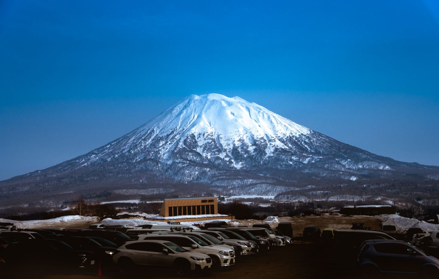 Snow-capped Mount Yotei above Niseko, Hokkaido, under a clear blue sky