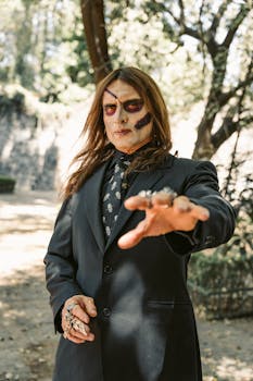 Man in SFX makeup and elegant suit striking a spooky pose outdoors in Mexico City.