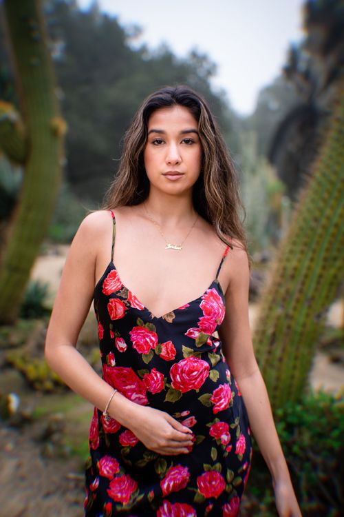 Free A woman stands confidently in a floral dress amidst towering cacti in a natural setting. Stock Photo