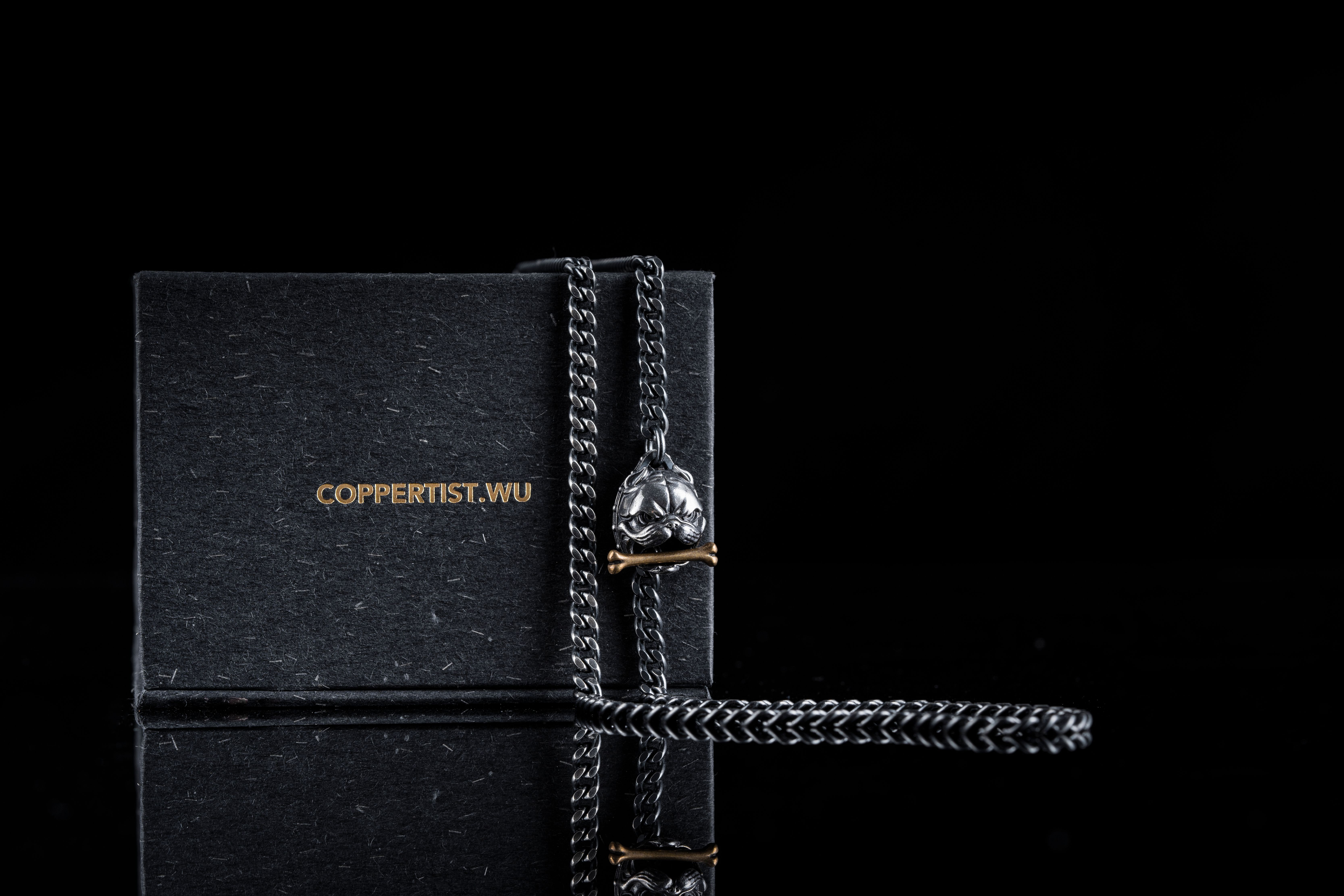 Close-up of a stylish skull pendant necklace on a black background, perfect for fashion enthusiasts.