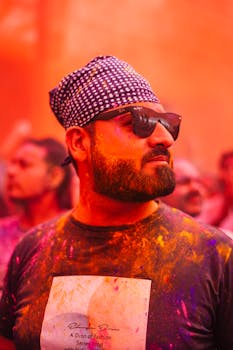 Energetic portrait of a man enjoying Holi festival in Ludhiana, India, covered in colorful powder.