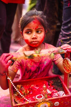 A young girl enjoys Holi festival with vibrant colors in Ludhiana, Punjab, embracing culture and tradition.