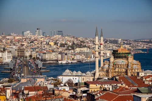 Free A stunning aerial view of Istanbul featuring the Galata Bridge, a mosque, and the vibrant cityscape. Stock Photo