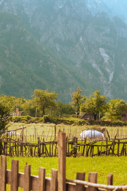 View of Green Meadows with Wooden Fence in a Mountain Valley 