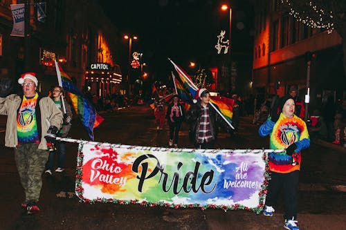 Free People in Parade With Banner Stock Photo