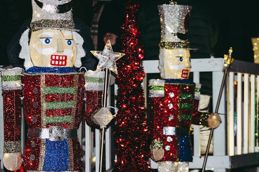 Bright and colorful nutcracker figures adorn a sparkling holiday scene, perfect for Christmas festivities.