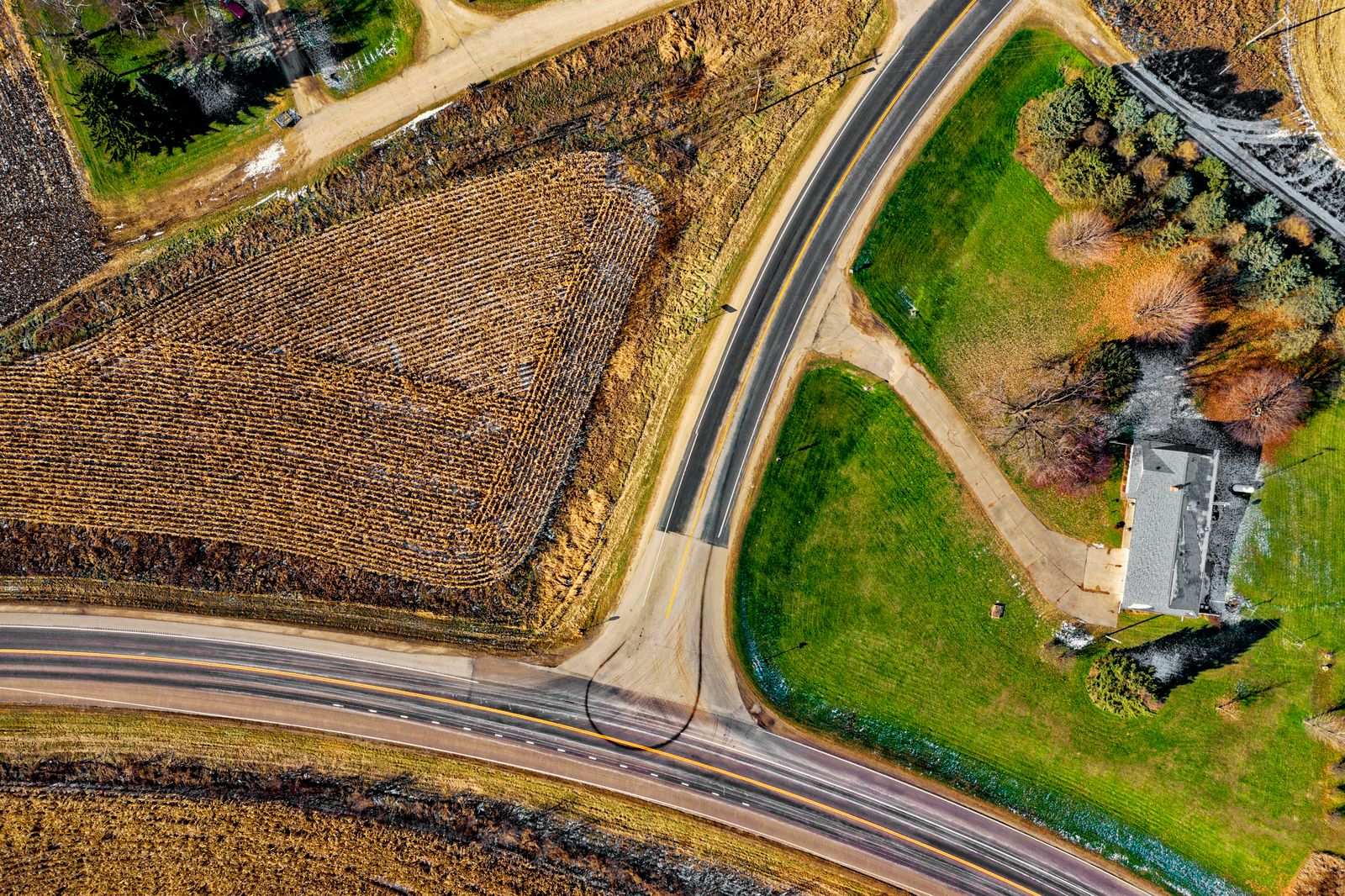 Rural highway junction from above