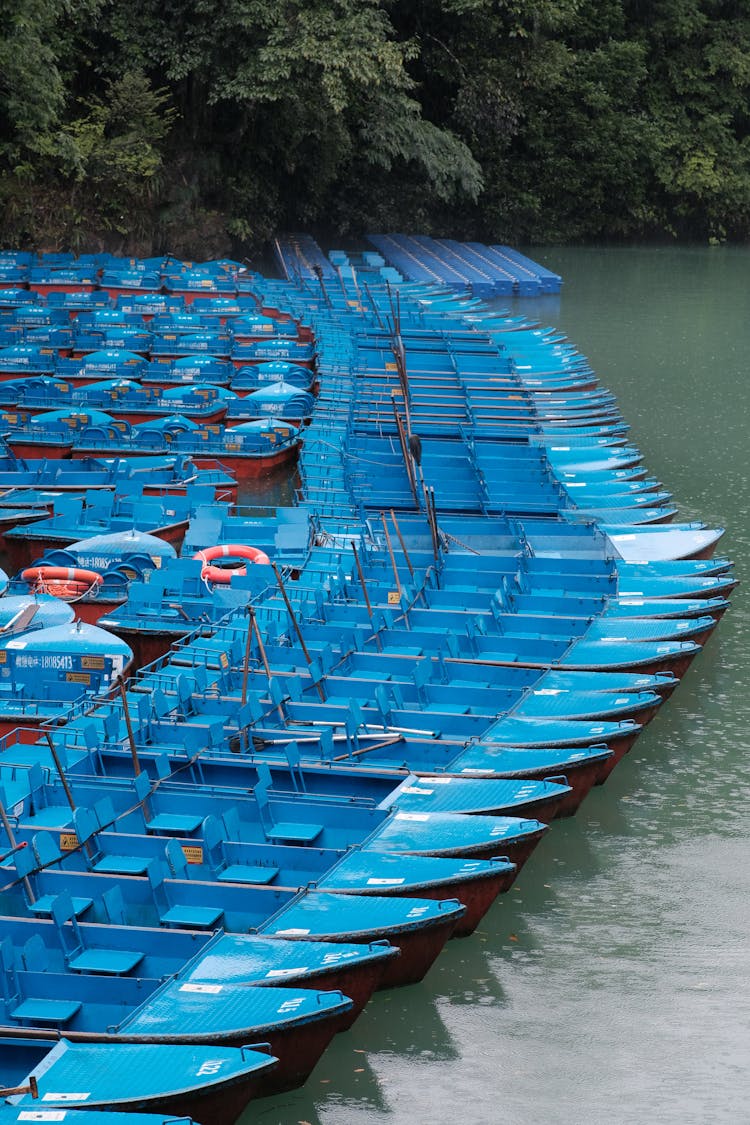 Blue Boats Moored On The Shore 