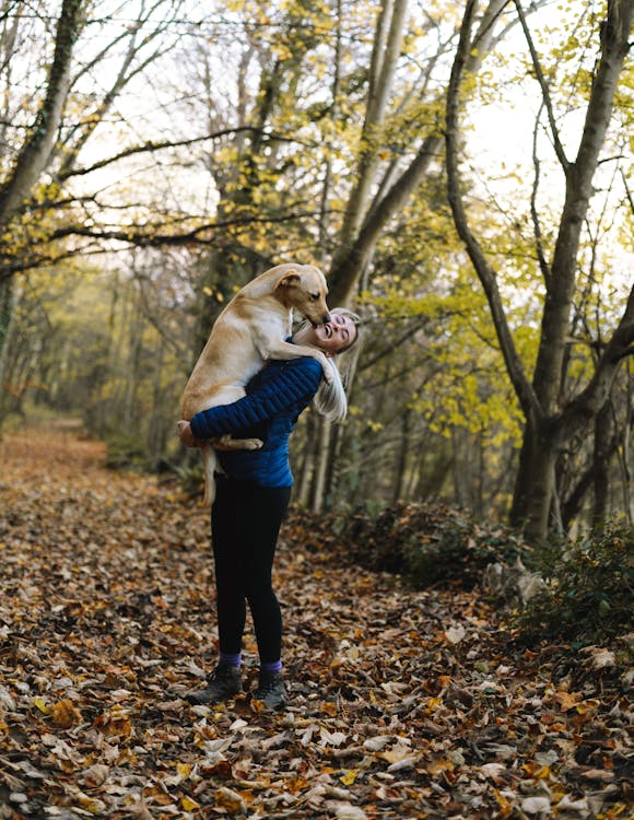Free Woman Carrying Dog While Standing in the Middle of the Forest Stock Photo