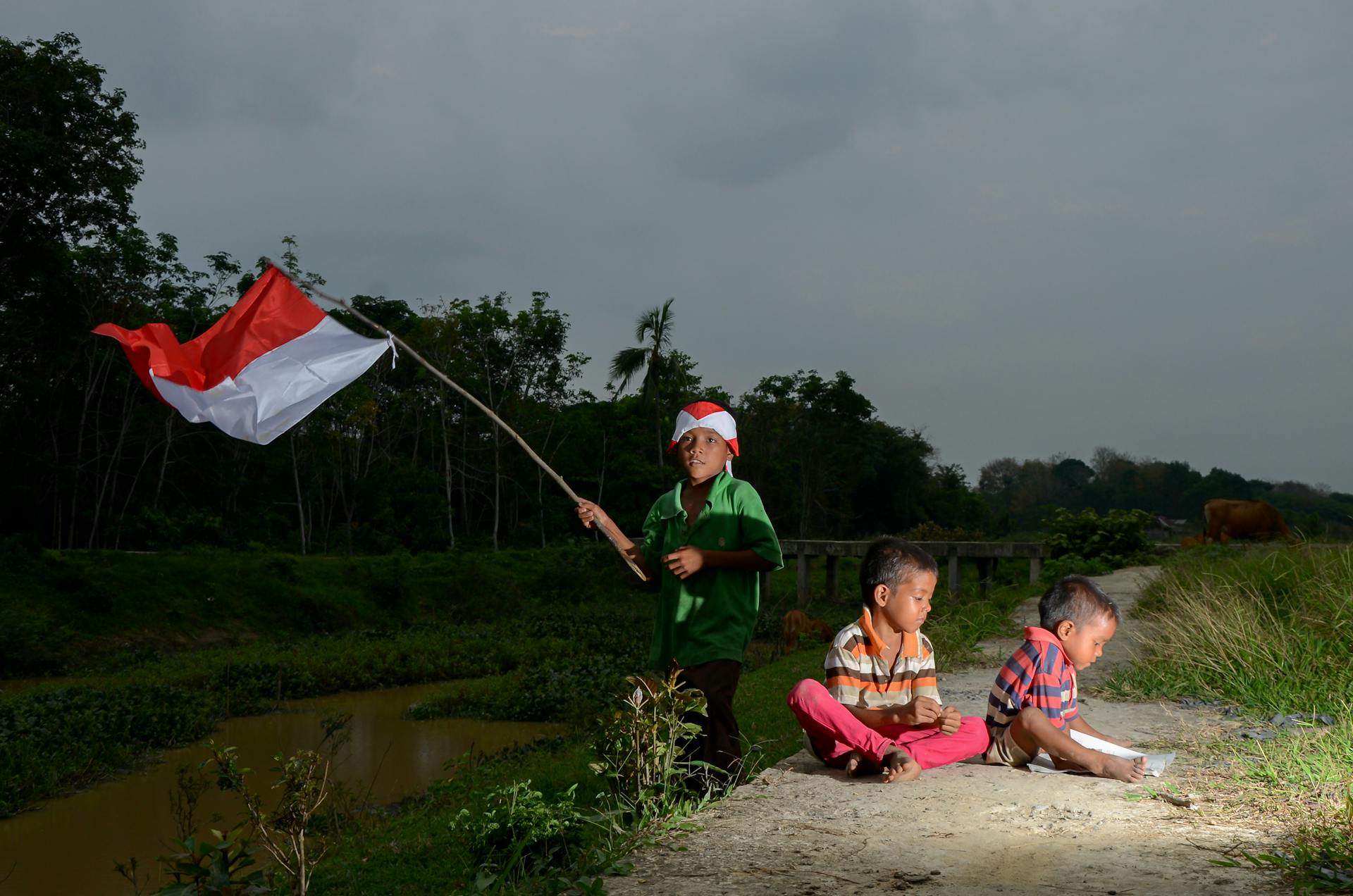 Three Indonesian boys enjoying the countryside with a national flag during dusk in Jambi, Indonesia.