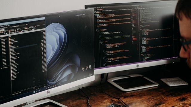 Web designer working across two monitors
