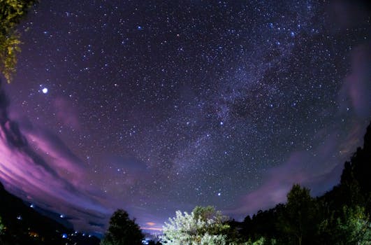 A stunning wide-angle view of a star-filled night sky featuring the Milky Way and purple clouds.