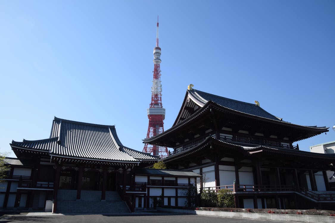 Gratis Torre De Tokio Detrás Del Edificio Dojo En Blanco Y Negro Durante El Día Foto de stock