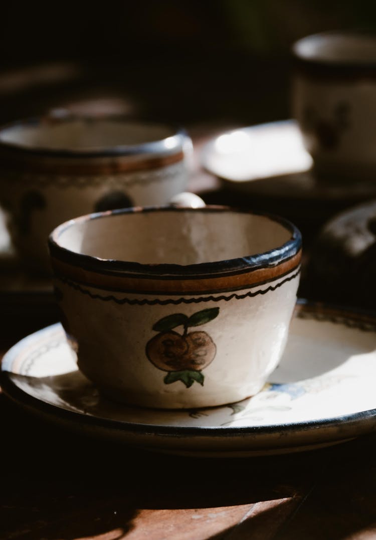 Vintage Pottery With Painted Illustrations 