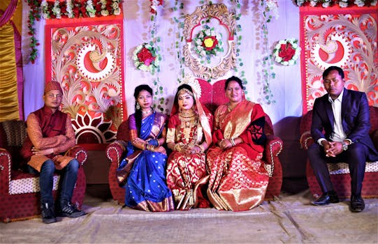 Group portrait of a traditional Bangladeshi wedding ceremony showcasing cultural attire and family gathering.
