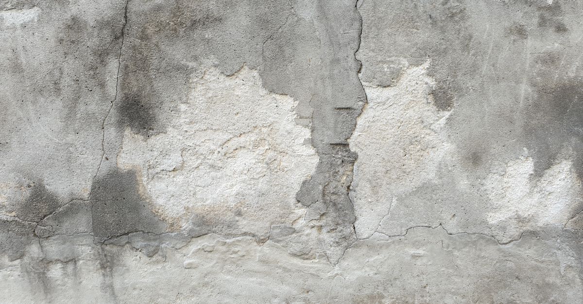 Abgeplatzter und gerissener Außenputz an einer Wand mit sichtbaren Feuchtigkeitsschäden im Sockelbereich