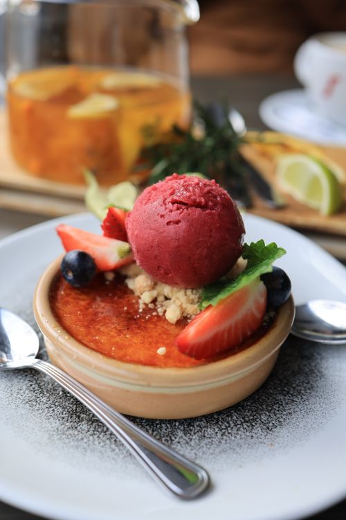Free Indulge in a close-up of creme brulee topped with vibrant berry sorbet and fresh fruits on a plate. Stock Photo