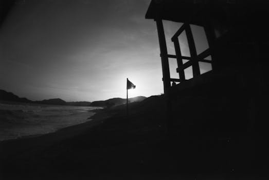Silhouette of a flag on a beach at twilight in black and white.