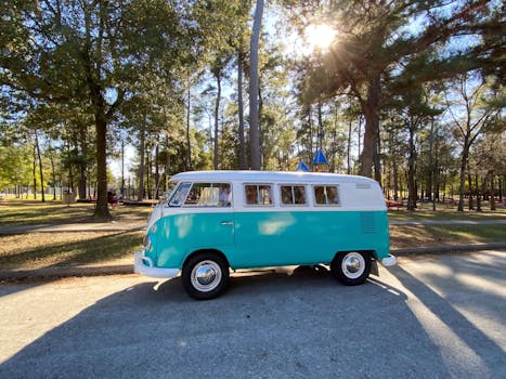 A classic turquoise Volkswagen bus parked in a sunny forest setting, ideal for travel and adventure themes.
