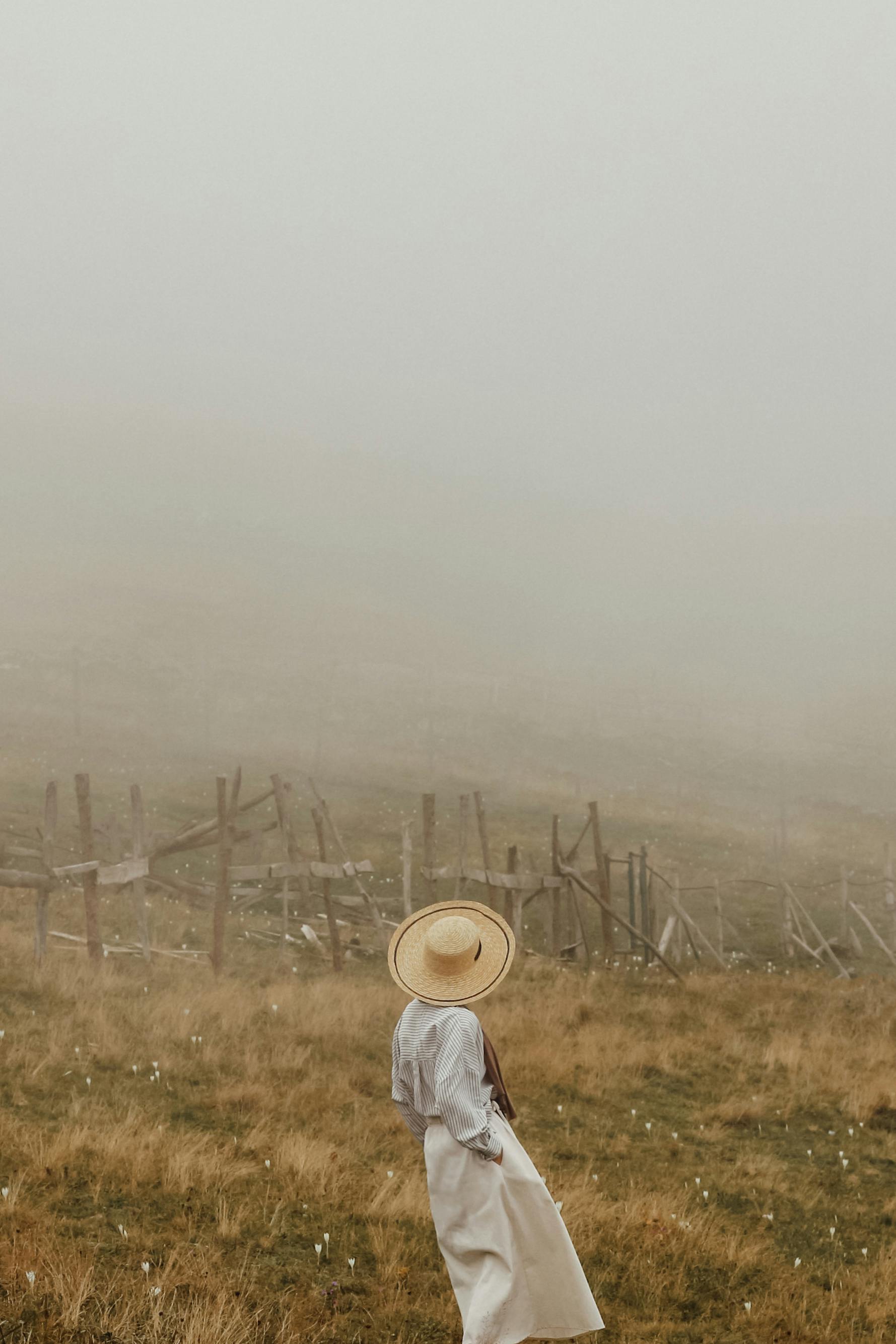 An enigmatic scene of a woman in a sunhat walking through a foggy rural landscape with a wooden fence.