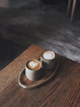 Two coffee cups with latte art on a wooden tray atop a rustic table.
