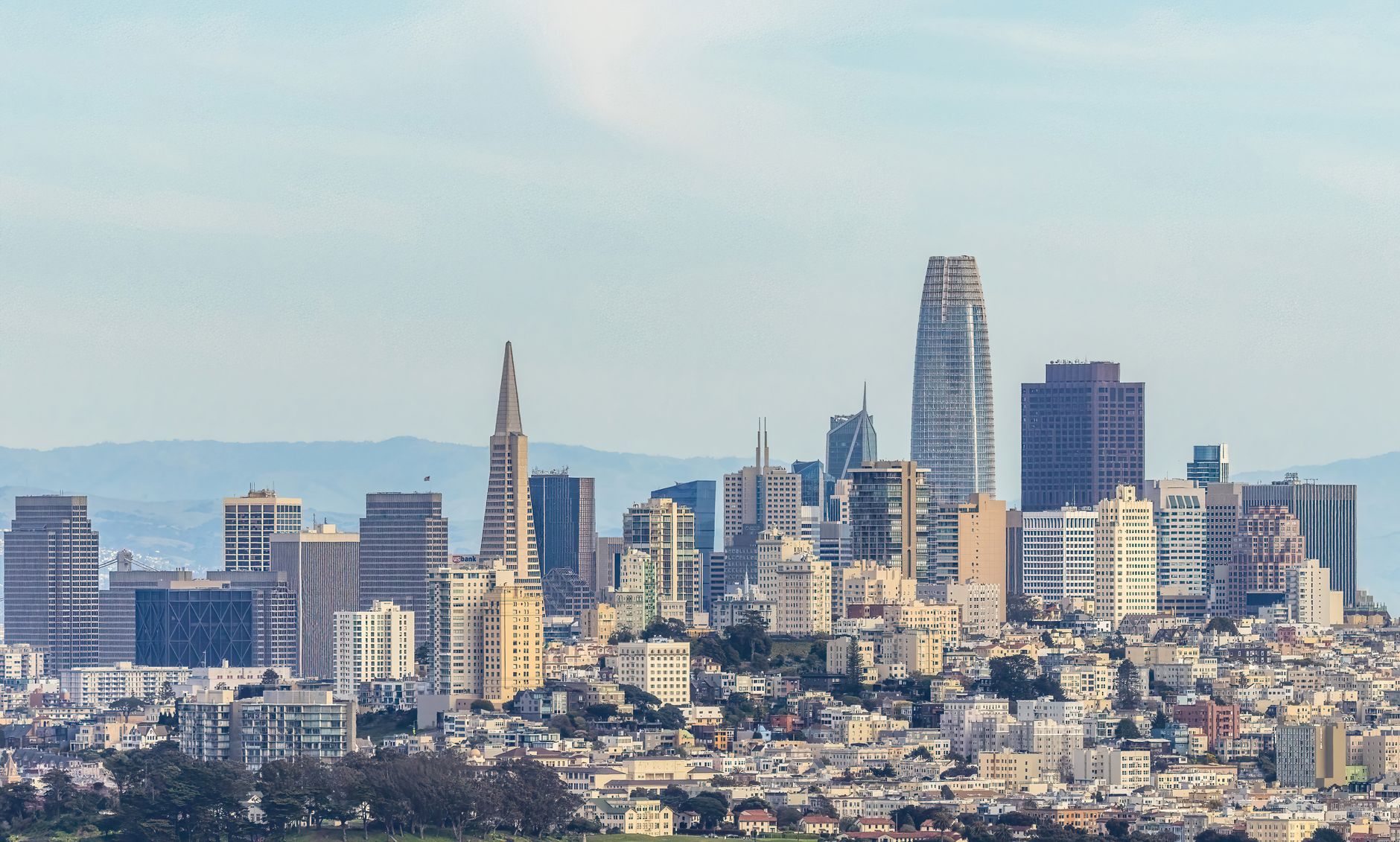 San Francisco's downtown skyline, where office towers now sit with historically high vacancy rates as tech companies embrace remote work.