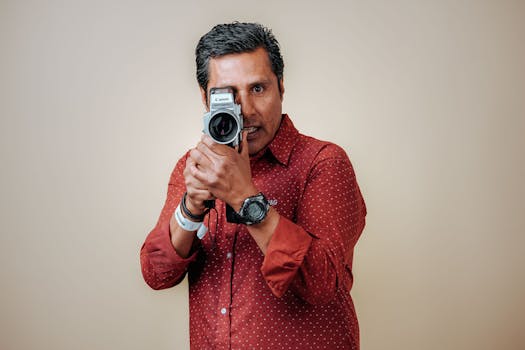 An adult man in a red shirt takes a picture with a vintage camera in a studio setting.
