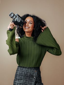 Charming woman in green top smiling while holding a vintage film camera in a studio setting.