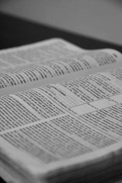 Free Black and white close-up image of an open Bible with visible printed text, symbolizing faith and religion. Stock Photo