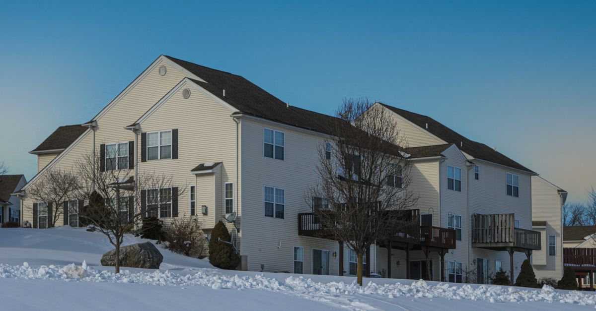 A snow-covered residential building in Easton, Pennsylvania during winter.