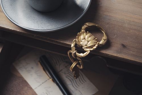 Free Artistic photo of a golden crab keychain on a desk with vintage letters, pen, and plate. Stock Photo