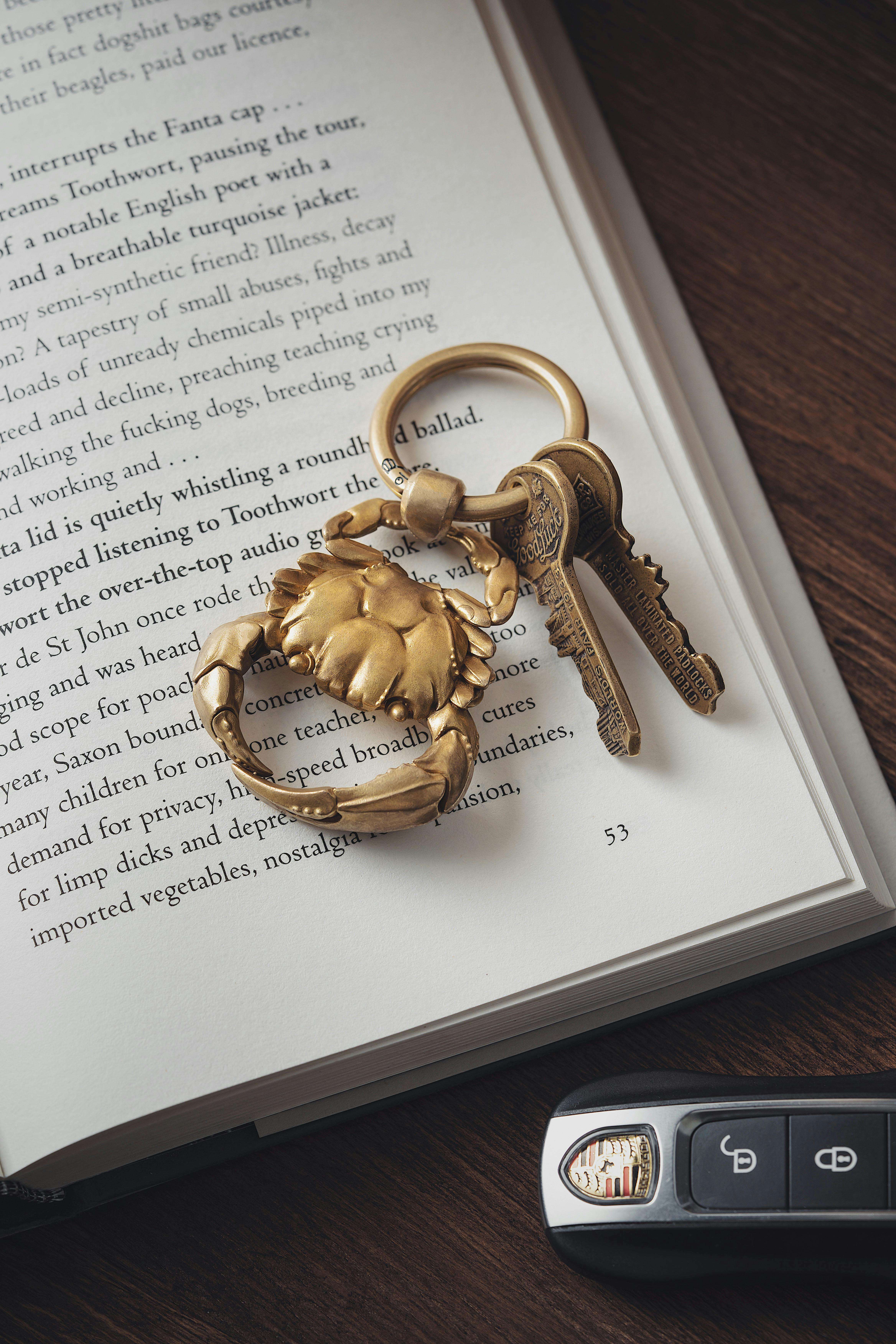 Golden crab-shaped keychain placed on an open book, viewed from above.