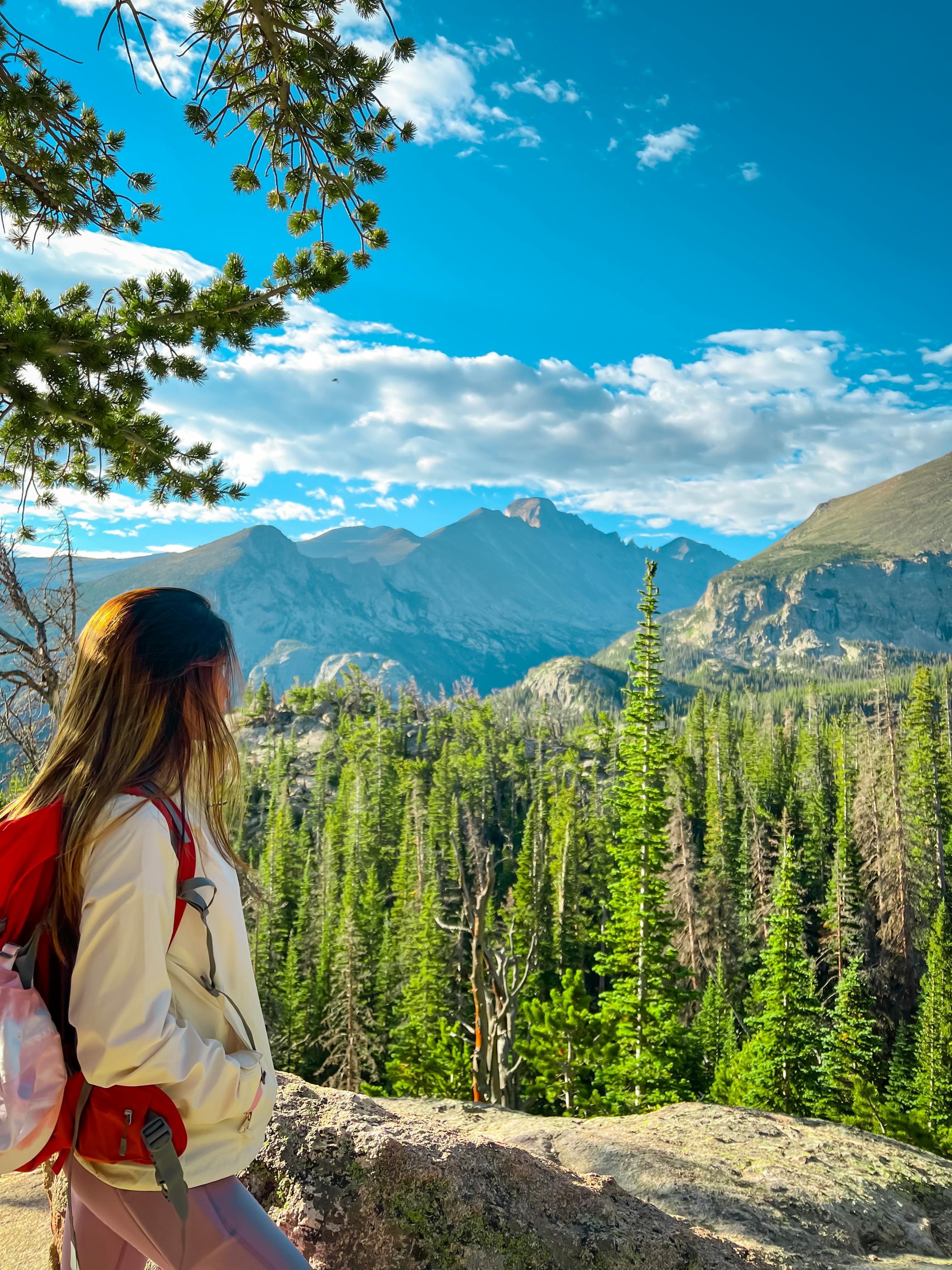 Hiking girl looks at green mountain lake Stock Photo by