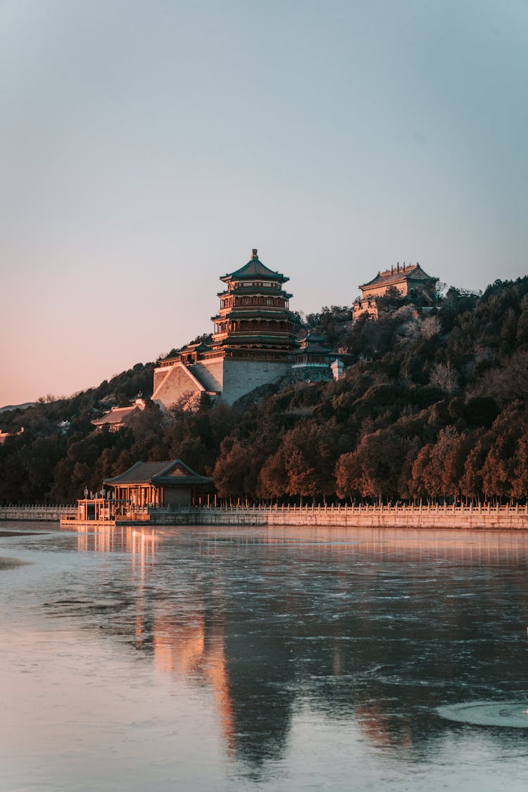 Foxiang Ge Tower On Hill Above Lake Shore In Beijing, China