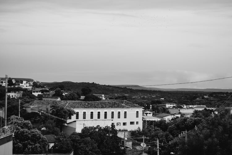 A View Of A Small Town In Black And White