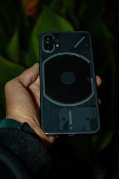 A close-up view of a hand holding a transparent smartphone against a dark leafy background.