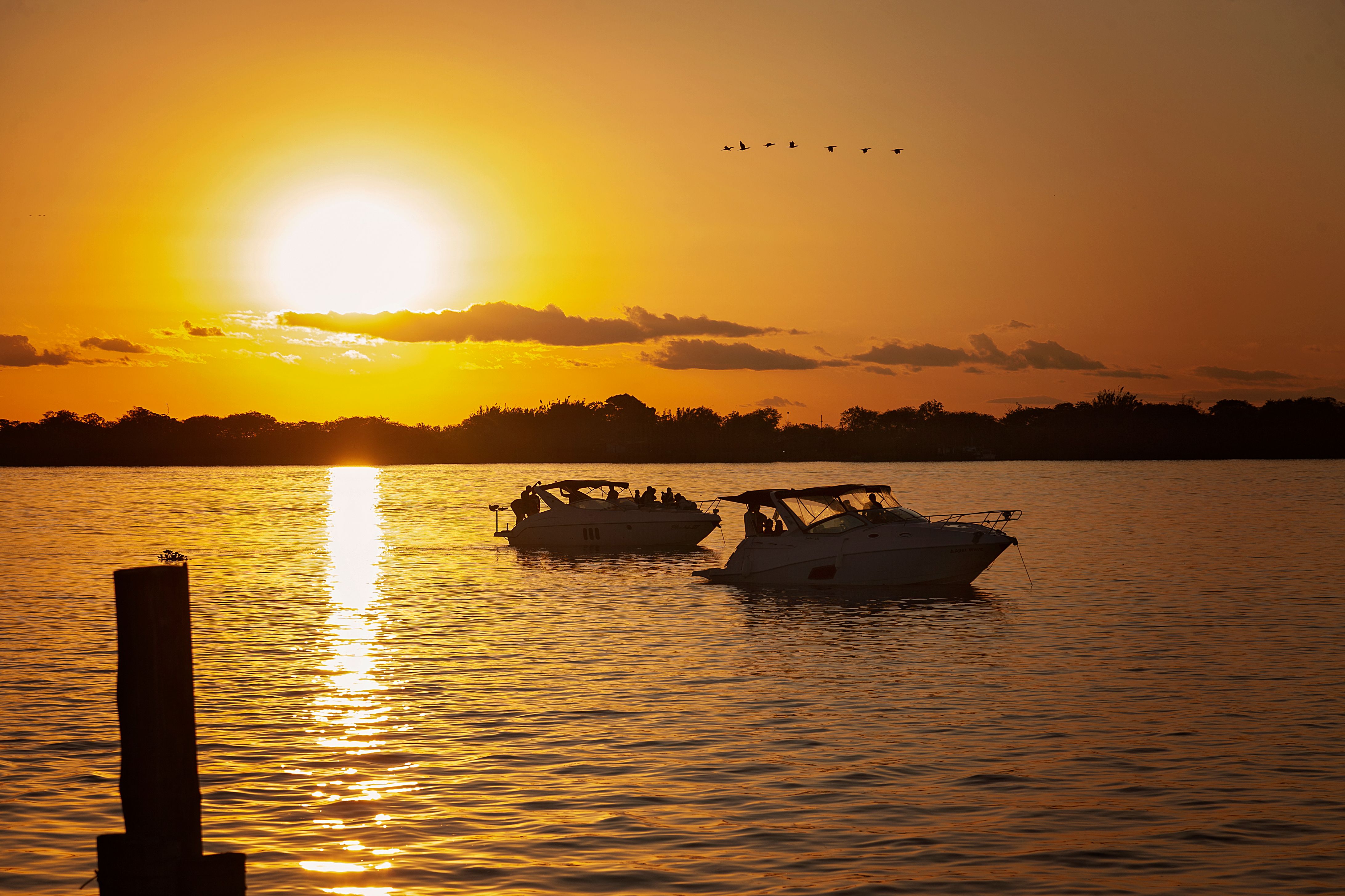 Silhouetted Boats on a Lake at Sunset · Free Stock Photo