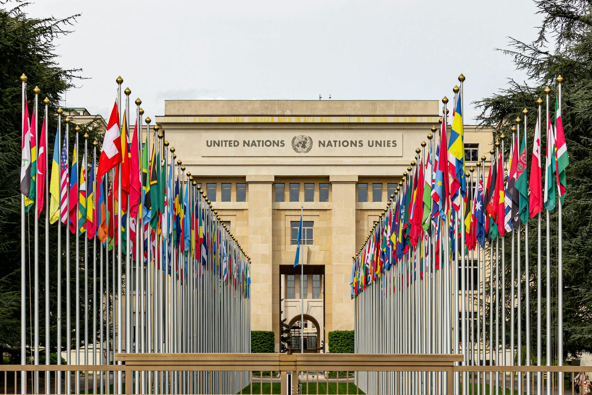 The Allee des Nations with the Flags of Member Countries at United Nations Office, Geneva, Switzerland