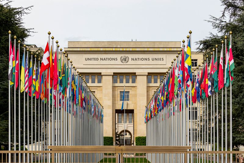Flags of UN member states lining the Allee des Nations at the Palais des Nations in Geneva