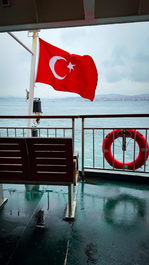 Turkish Flag Waving on Passenger Ship Deck