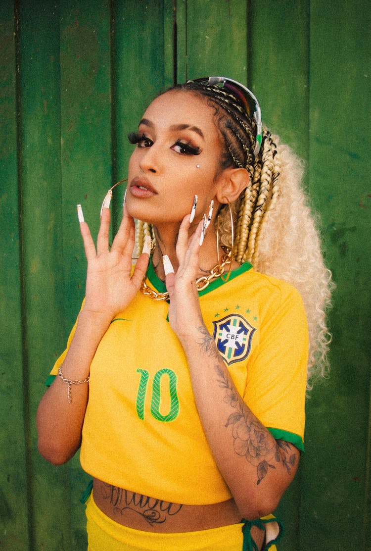 Woman Posing In Brazilian Football T-shirt