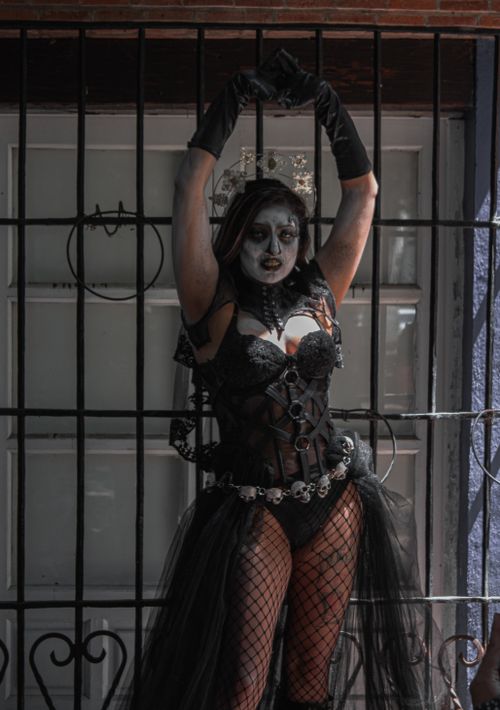 Free A goth model poses in elaborate dark lingerie and makeup, perfect for Halloween theme. Stock Photo