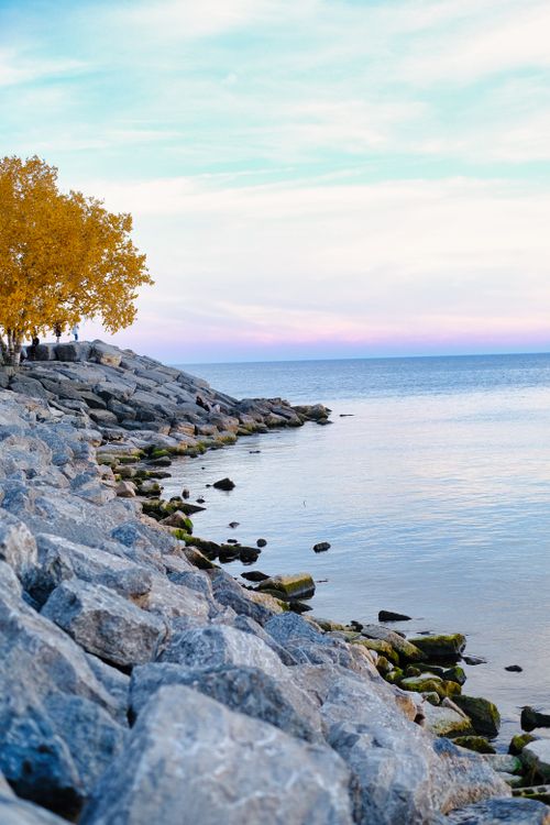 Free Captivating autumn coastline photo with rocks and calm sea, perfect for travel promotions. Stock Photo