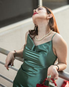 Chic woman in a glamorous green dress striking a relaxed pose outdoors, exuding elegance.