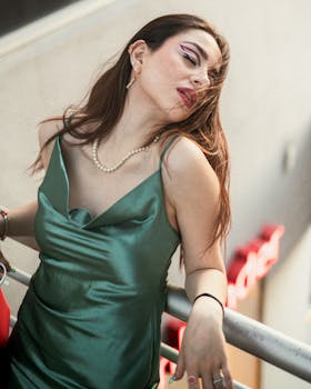 Stylish woman in green dress posing confidently against a city backdrop.