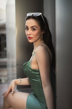 A fashion model poses elegantly wearing a green dress and artistic makeup in an urban setting.