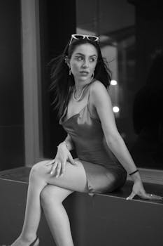 Stylish woman in a satin dress sitting elegantly, wearing sunglasses.
